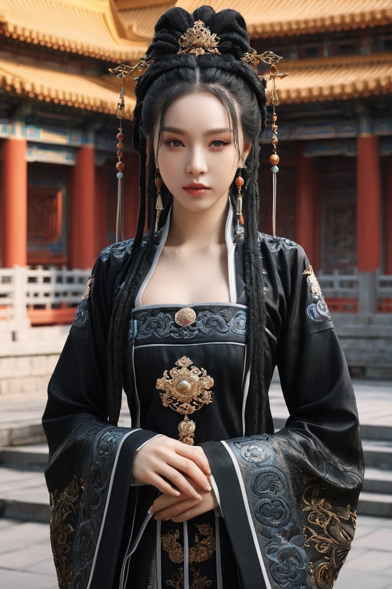 1 girl, Whole_body, (masterful), (black dreadlocks), (black chinese princess outfit),best quality, highest quality, extremely detailed CG unity 8k wallpaper, detailed and intricate, 
palace,Glass Elements, looking_at_viewer,chinese girls,