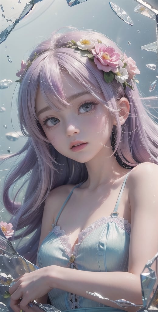 8k Wallpaper,grand,(((masterpiece))), (((best quality))), ((ultra-detailed)), (illustration), ((an extremely delicate and beautiful)),dynamic angle,rainbow hair,detailed cute anime face,((loli)),(((masterpiece))),an extremely delicate and beautiful girl,flower,cry,water,corrugated,flowers tire,broken glass,(broken screen),atlantis,transparent glass