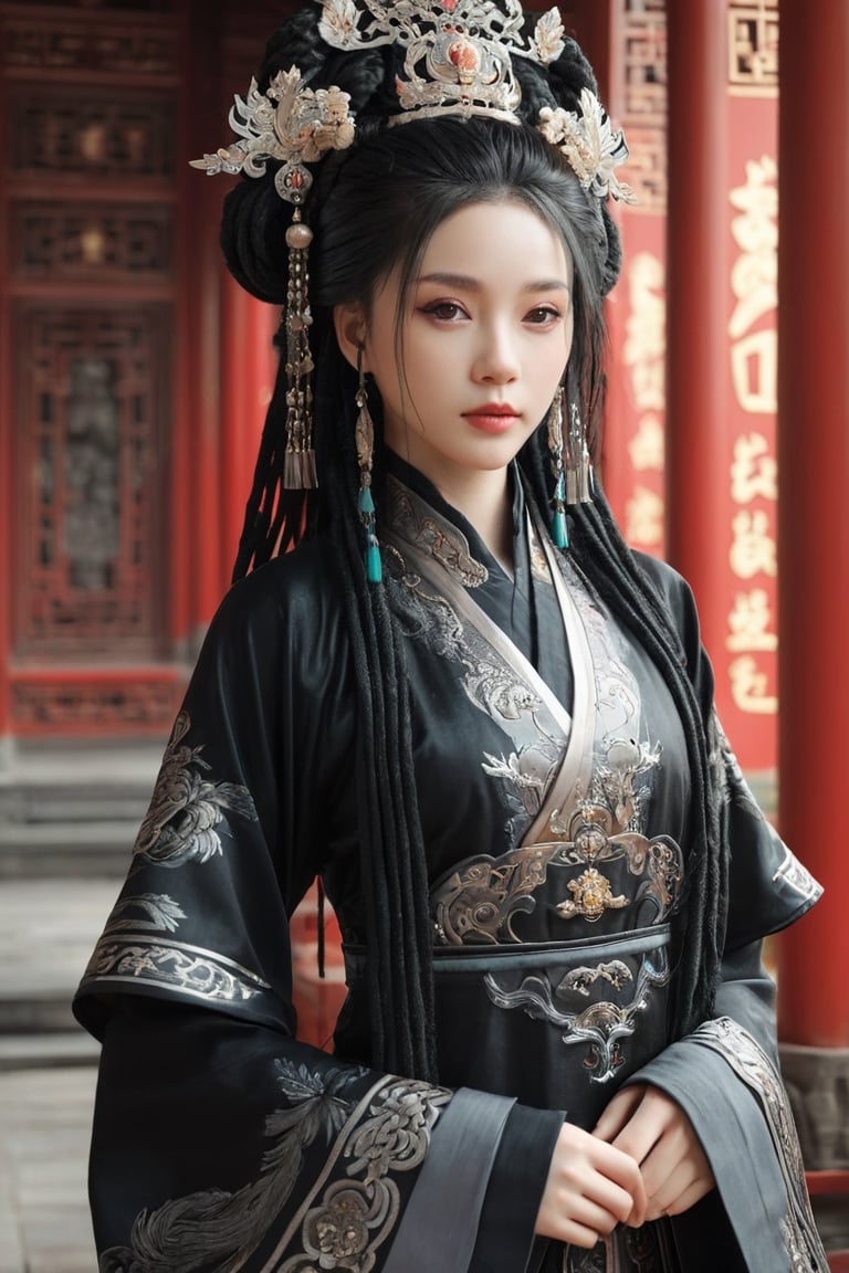 1 girl, Whole_body, (masterful), (black dreadlocks), (black chinese princess outfit),best quality, highest quality, extremely detailed CG unity 8k wallpaper, detailed and intricate, 
palace,Glass Elements, looking_at_viewer,chinese girls,