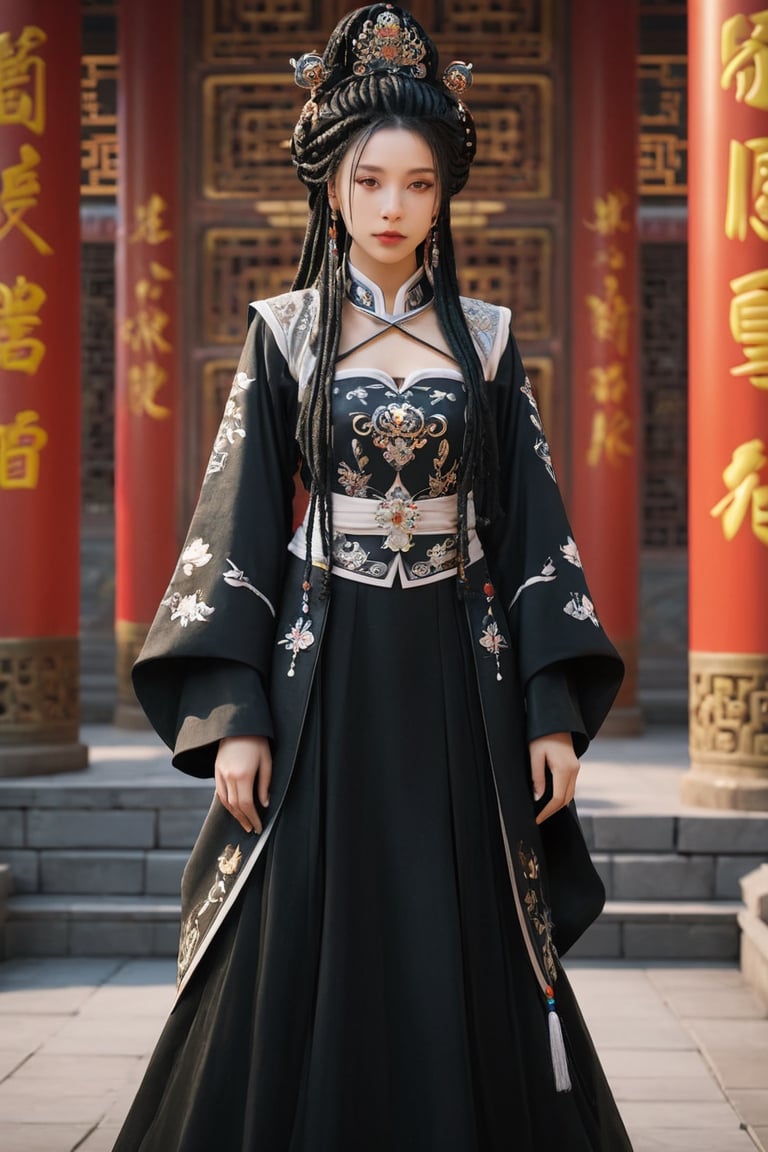 1 girl, Whole_body, (masterful), (black dreadlocks), (black chinese princess outfit),best quality, highest quality, extremely detailed CG unity 8k wallpaper, detailed and intricate, 
palace,Glass Elements, looking_at_viewer,chinese girls,