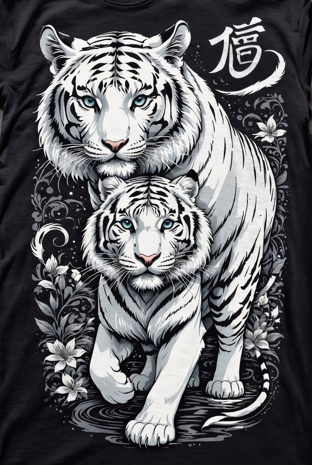 A beautifully drawn (((vintage t-shirt print))), featuring intricate ((retro-inspired typography)) encircling a (((sumi-e ink illustration))) white tiger, integrating elements of Japanese calligraphy and beast fighting with black back ground
