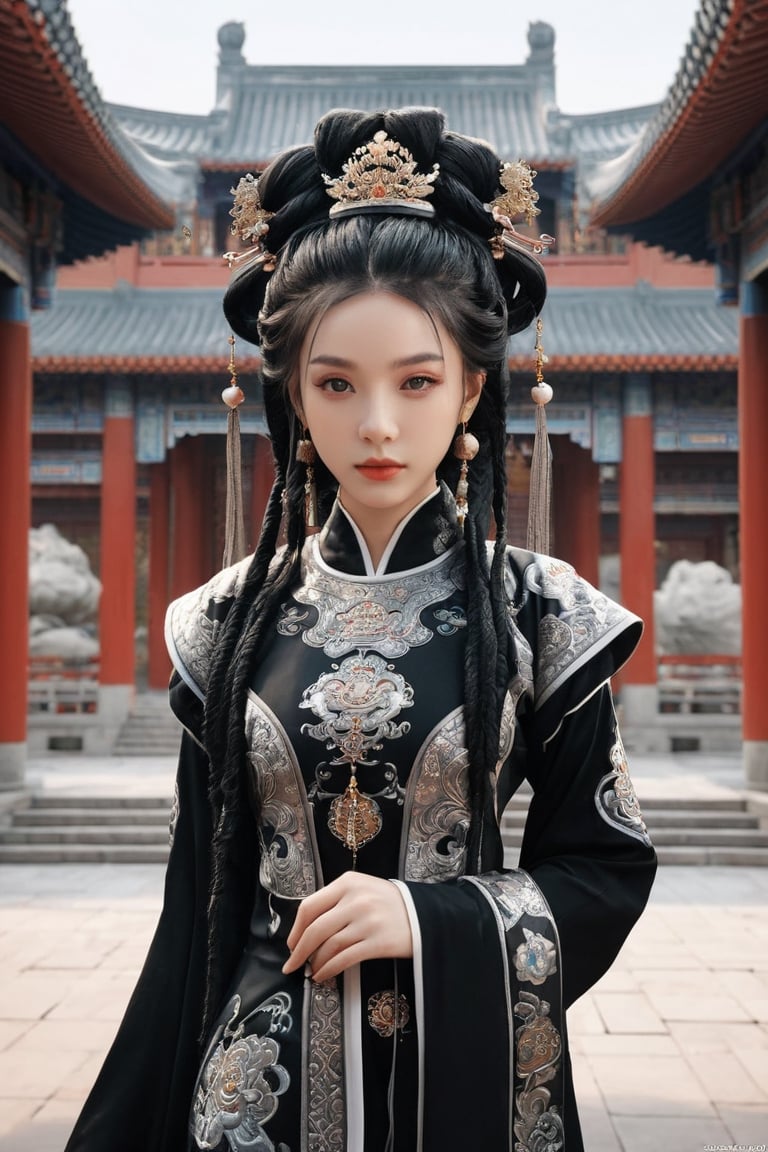 1 girl, Whole_body, (masterful), (black dreadlocks), (black chinese princess outfit),best quality, highest quality, extremely detailed CG unity 8k wallpaper, detailed and intricate, 
palace,Glass Elements, looking_at_viewer,chinese girls,