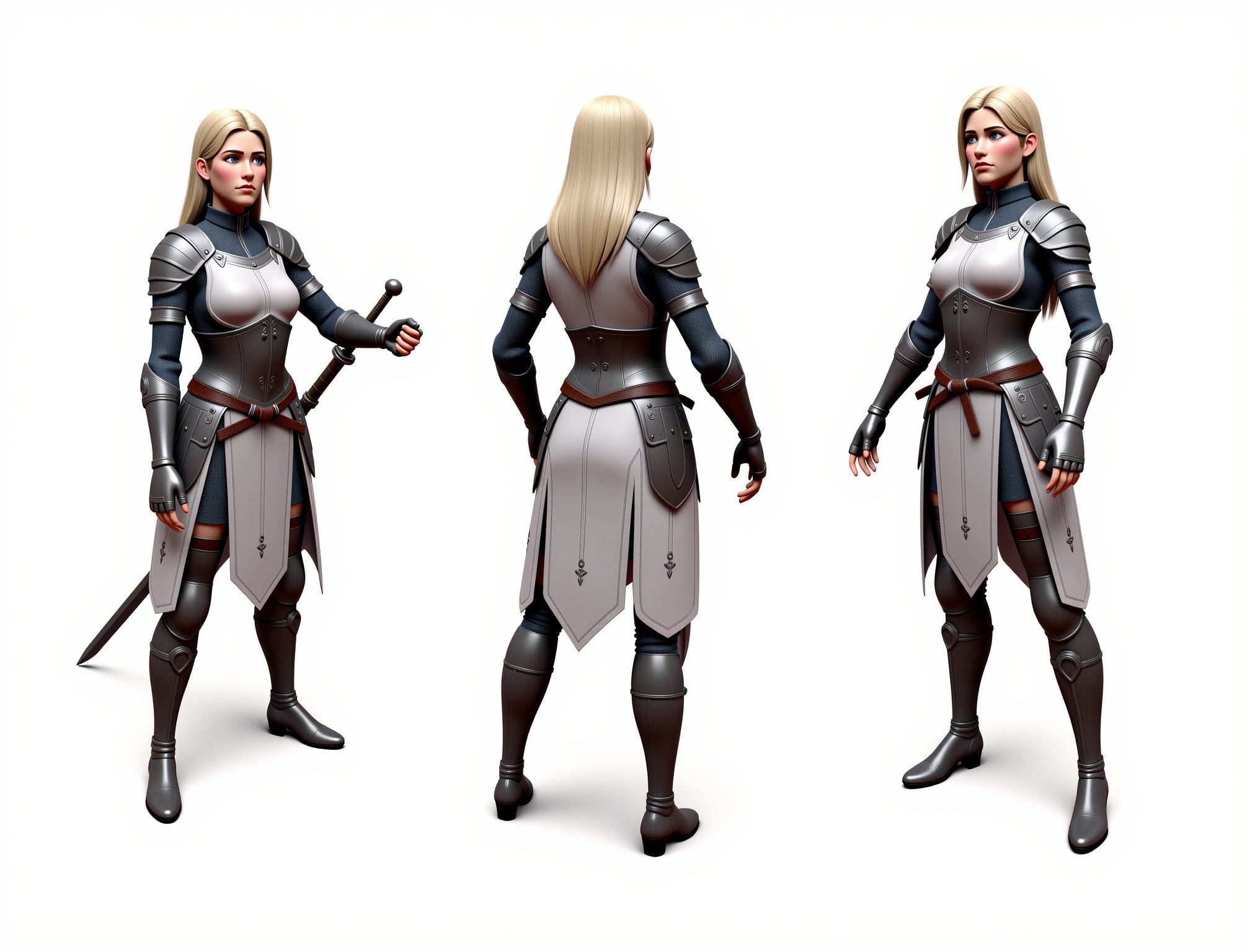 masterpiece, award winning, best quality, high quality, extremely detailed, cinematic shot, realistic, full body shot, female in fantasy medieval armor, character sheet, multiple views, white background,3d render