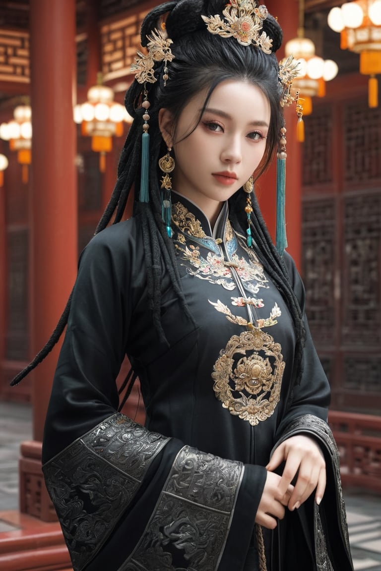 1 girl, Whole_body, (masterful), (black dreadlocks), (black chinese princess outfit),best quality, highest quality, extremely detailed CG unity 8k wallpaper, detailed and intricate, 
palace,Glass Elements, looking_at_viewer,chinese girls,