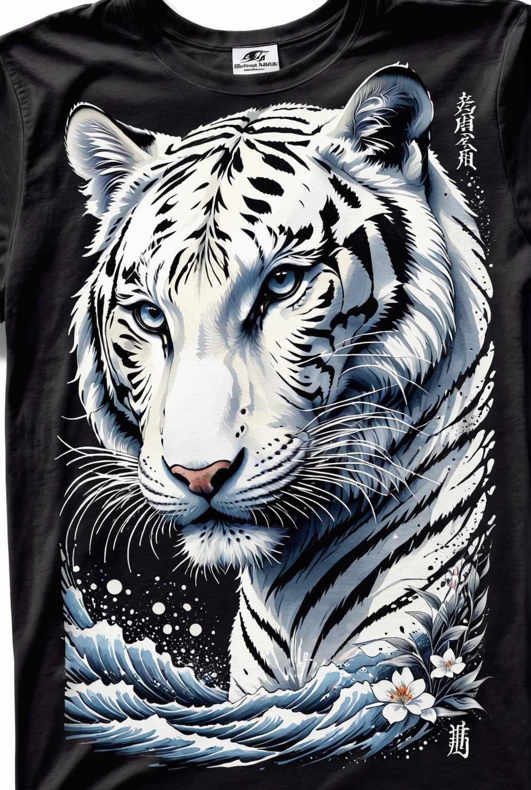 A beautifully drawn (((vintage t-shirt print))), featuring intricate ((retro-inspired typography)) encircling a (((sumi-e ink illustration))) white tiger, integrating elements of Japanese calligraphy and beast fighting with black back ground
