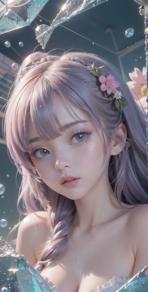 8k Wallpaper,grand,(((masterpiece))), (((best quality))), ((ultra-detailed)), (illustration), ((an extremely delicate and beautiful)),dynamic angle,rainbow hair,detailed cute anime face,((loli)),(((masterpiece))),an extremely delicate and beautiful girl,flower,cry,water,corrugated,flowers tire,broken glass,(broken screen),atlantis,transparent glass