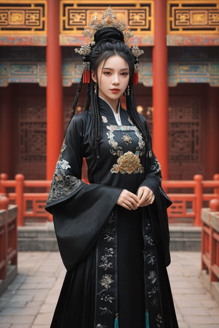 1 girl, Whole_body, (masterful), (black dreadlocks), (black chinese princess outfit),best quality, highest quality, extremely detailed CG unity 8k wallpaper, detailed and intricate, 
palace,Glass Elements, looking_at_viewer,chinese girls,