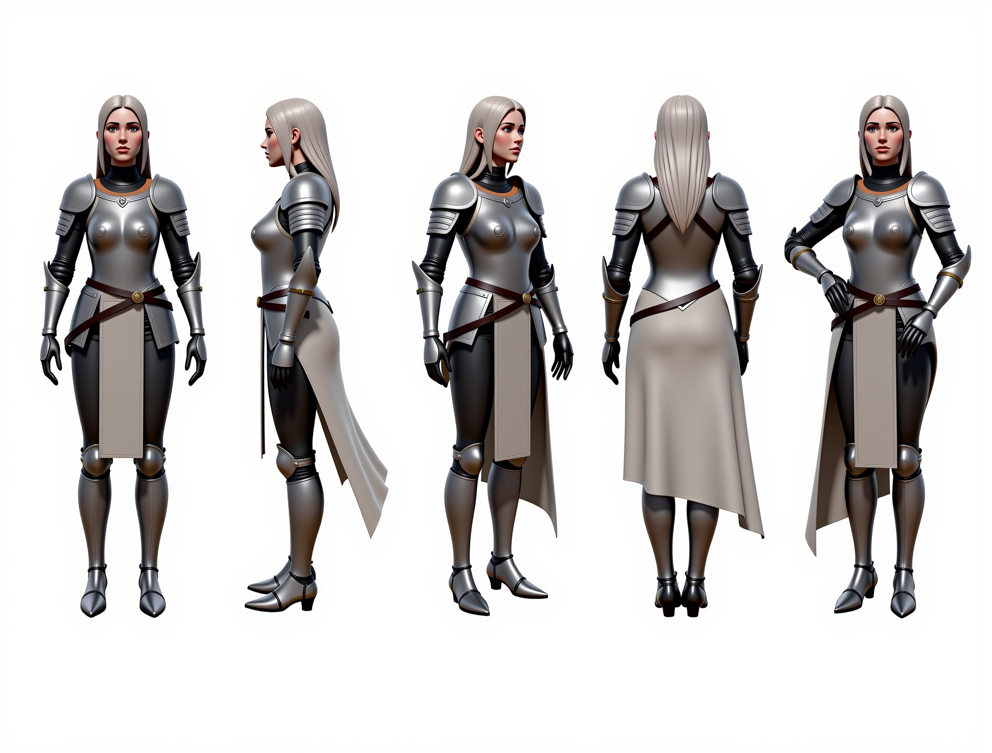 masterpiece, award winning, best quality, high quality, extremely detailed, cinematic shot, realistic, full body shot, female in fantasy medieval armor, character sheet, multiple views, white background,3d render