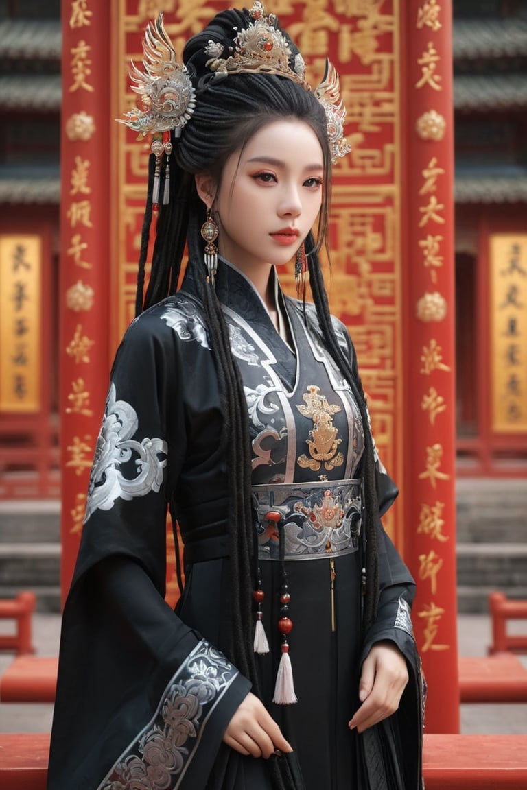 1 girl, Whole_body, (masterful), (black dreadlocks), (black chinese princess outfit),best quality, highest quality, extremely detailed CG unity 8k wallpaper, detailed and intricate, 
palace,Glass Elements, looking_at_viewer,chinese girls,