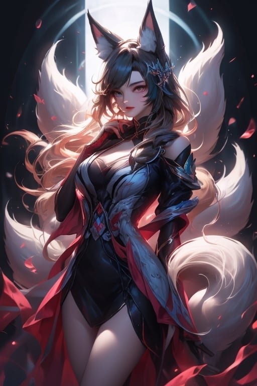 tall,willowy,beautiful,long flowing blonde hair,long eyelashes,and narrow eyes,ahri,yukong,She is best known for wearing a black dress coat with a long black hat and boots,kitsune girl,very long hair girl,girl holding a gun,4k,trending in art station,masterpiece,An intricately illustrated masterpiece of the highest quality,featuring detailed and expressive eyes,The background showcases beautiful ciites,facial mark,High detailed,SAM YANG,fox tail,fox gir,kitsune,kitsune tails,multiple tails,fox ears,kitsune ears,blonde hair, breast rest,fox,fox ears,huge breasts,one breast out,eyes,smile ,1girl,9tail fox,yaohu