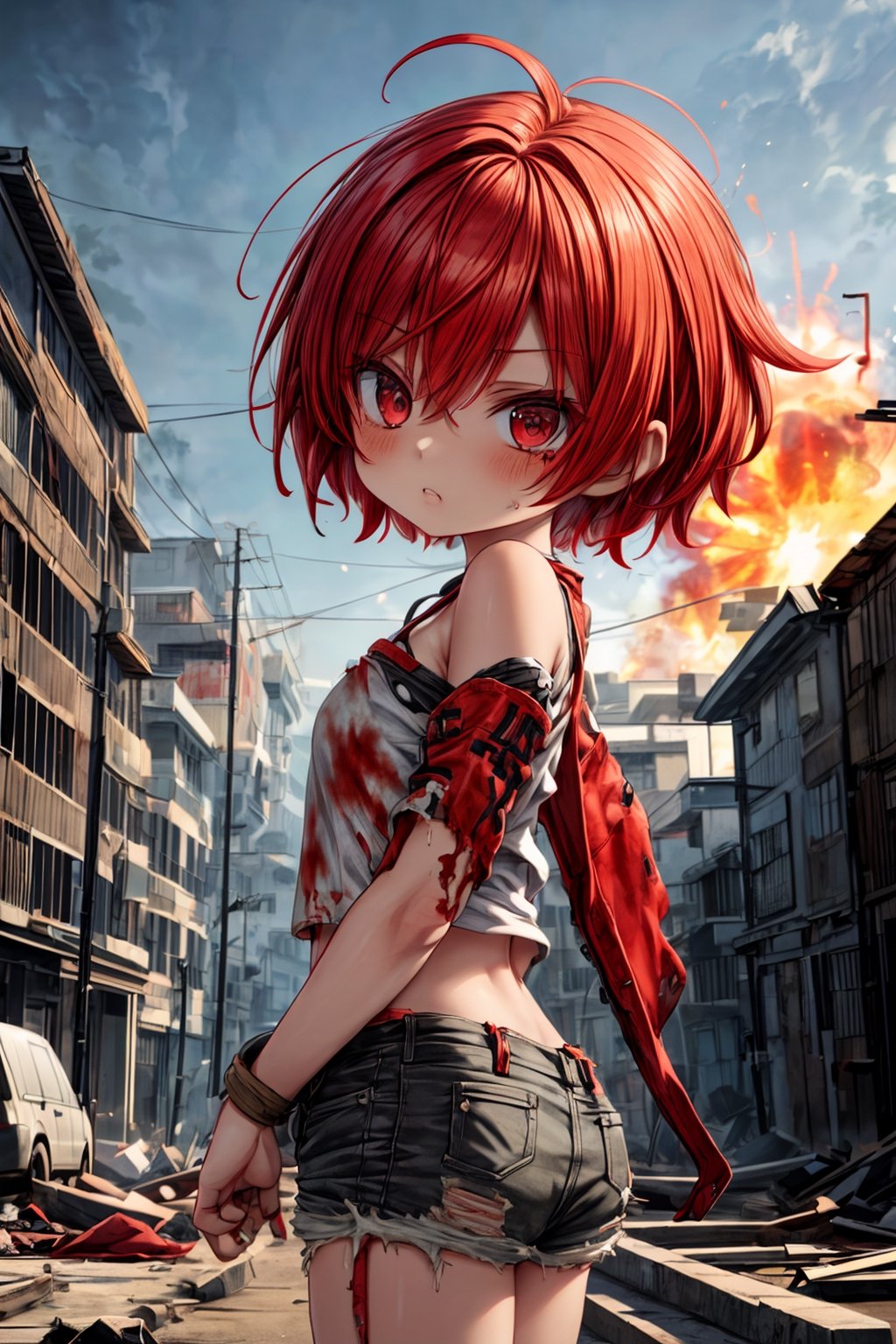 (chibi ::1.2),In a post-apocalyptic world,a girl with fiery red hair runs away from a huge explosion. Her determined look and tattered clothes are in stark contrast to the destruction and chaos that surrounds her. (masterpiece,best quality,super detailed,high quality) resolution,highly detailed,textured skin,akemi,hot sexy standing straight in a tpose