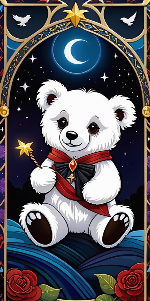 Tarot Card - Cute and adorable plush fluffy white chibi-style teddy bear,
🎨🍷🖼️ "Poe's Grand Tapestry"

A grand homage to Edgar Allan Poe's universe. Ravens, oceans, ghostly lovers, and vibrant masquerades all intertwine to form a mesmerizing mosaic of melancholy.

Art inspired by [Edgar Allan Poe, Frida Kahlo, Alfred Hitchcock, Neil Gaiman, Hieronymus Bosch] in the style of (interwoven narratives, rich symbolism, kaleidoscopic emotions, dark romanticism, surreal fantasies).,Jenna Ortega ,ZilleAI