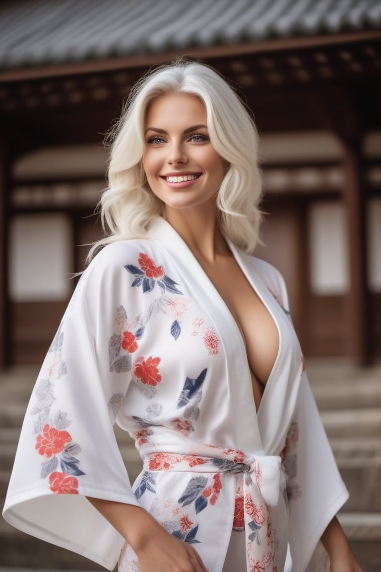 Gorgeous woman, European, smile, busty, white hair, white victorias secret lingerie, (untied) (white kimono with flower pattern :1.5), cowboy_shot, japanese temple background. Captured with Sony DSLR camera