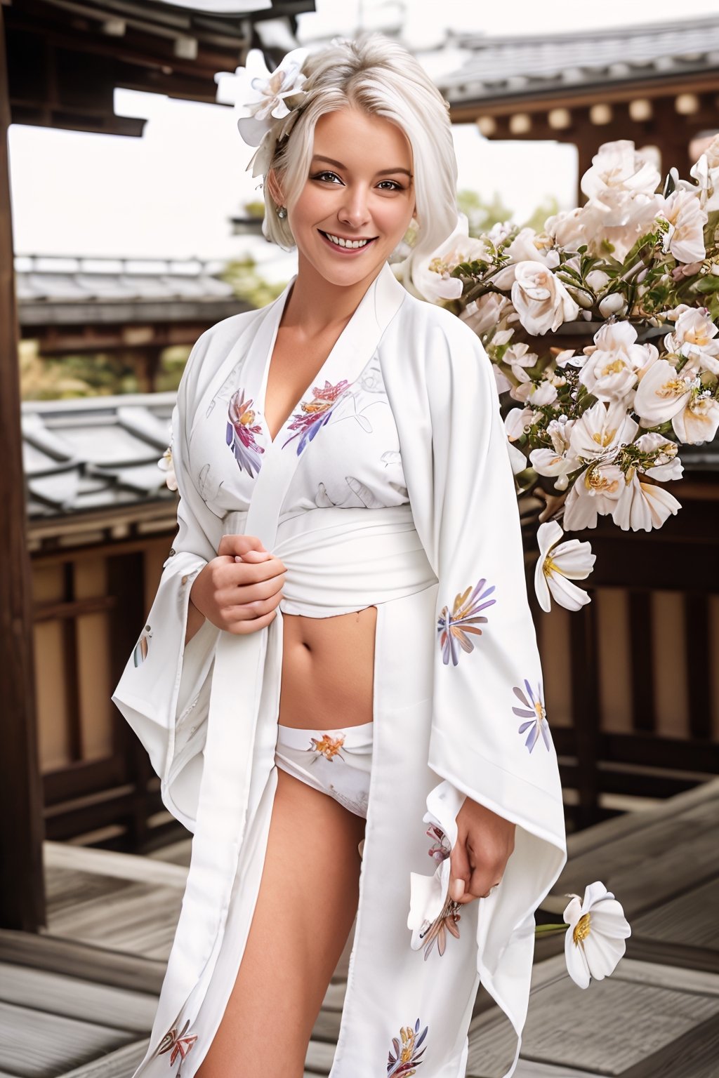 Gorgeous woman, European, smile, busty, white hair, white victorias secret lingerie, (untied) (white kimono with flower pattern :1.5), cowboy_shot, japanese temple background. 