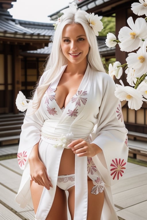 Gorgeous woman, European, smile, busty, white hair, white victorias secret lingerie, (untied) (white kimono with flower pattern :1.5), cowboy_shot, japanese temple background. 