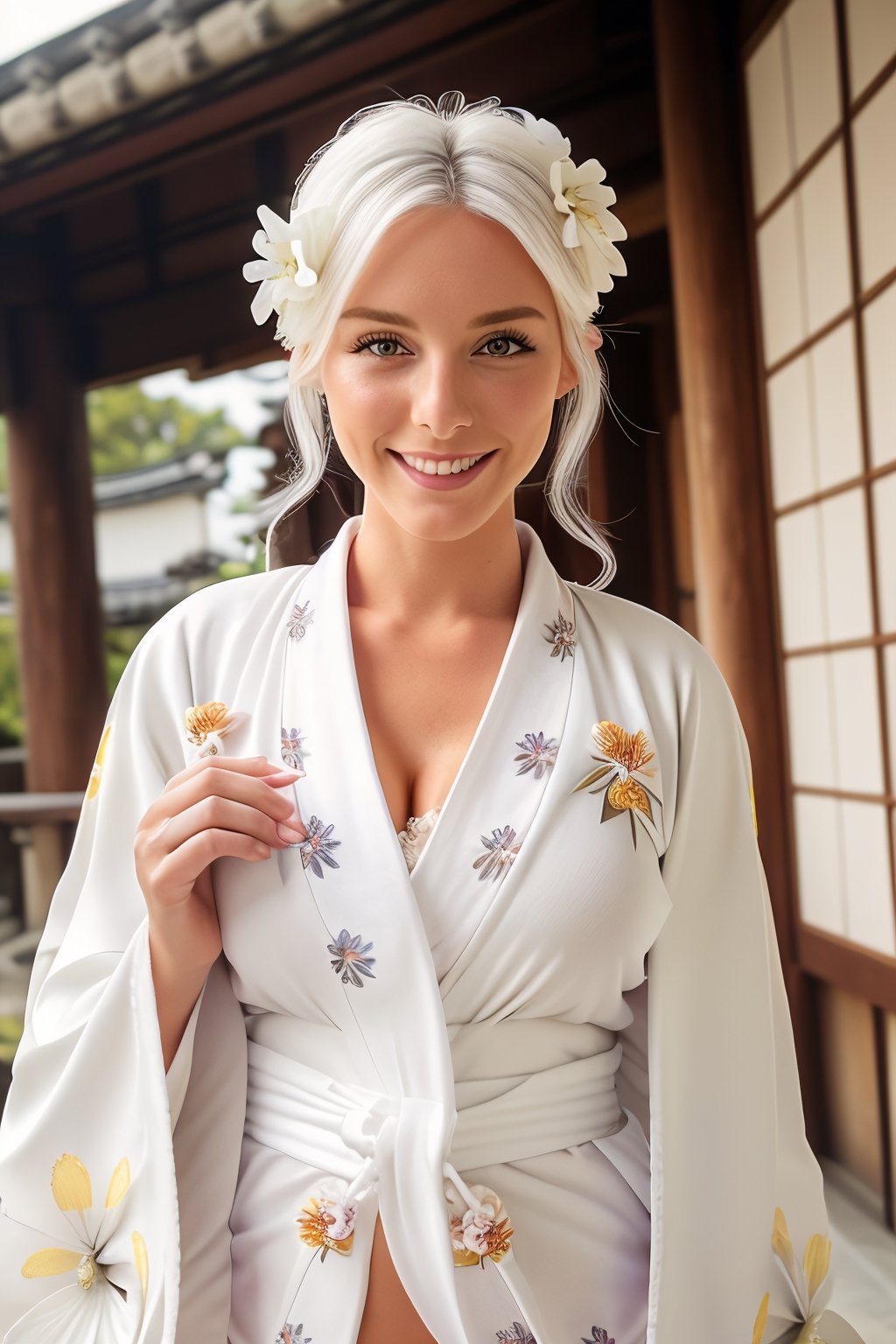 Gorgeous woman, European, smile, busty, white hair, white victorias secret lingerie, (untied) (white kimono with flower pattern :1.5), cowboy_shot, japanese temple background. 