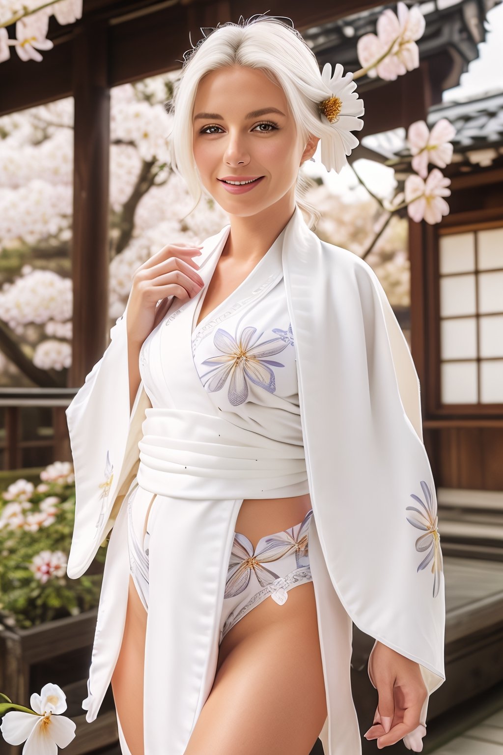 Gorgeous woman, European, smile, busty, white hair, white victorias secret lingerie, (untied) (white kimono with flower pattern :1.5), cowboy_shot, japanese temple background. 