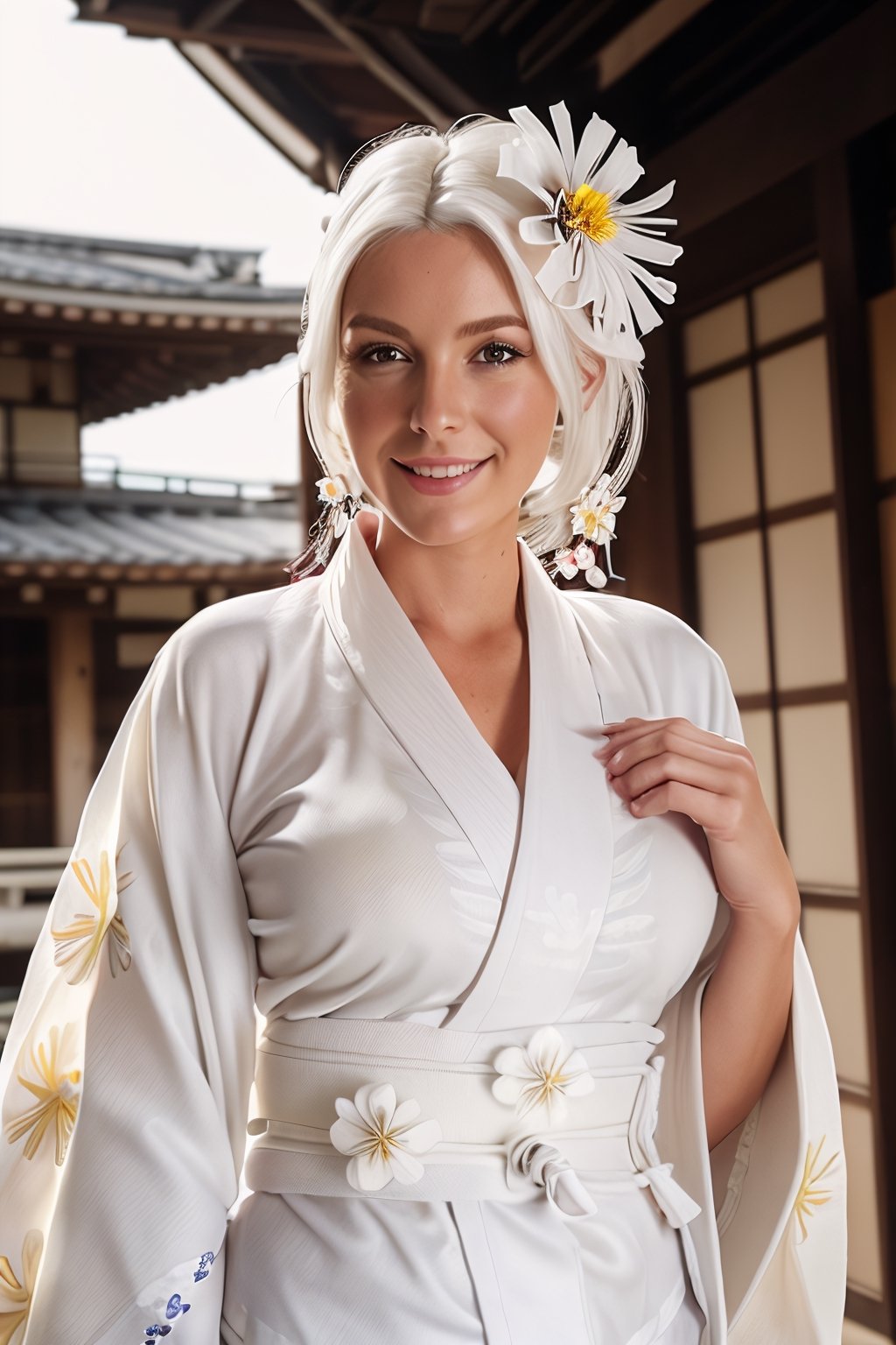 Gorgeous woman, European, smile, busty, white hair, white victorias secret lingerie, (untied) (white kimono with flower pattern :1.5), cowboy_shot, japanese temple background. 