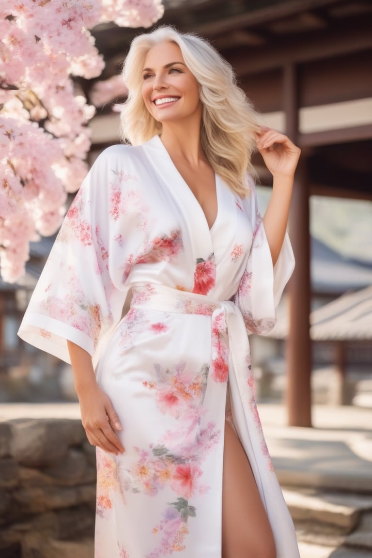 Gorgeous woman, European, smile, busty, white hair, white victorias secret lingerie, (untied) (white kimono with flower pattern :1.5), cowboy_shot, japanese temple background. 