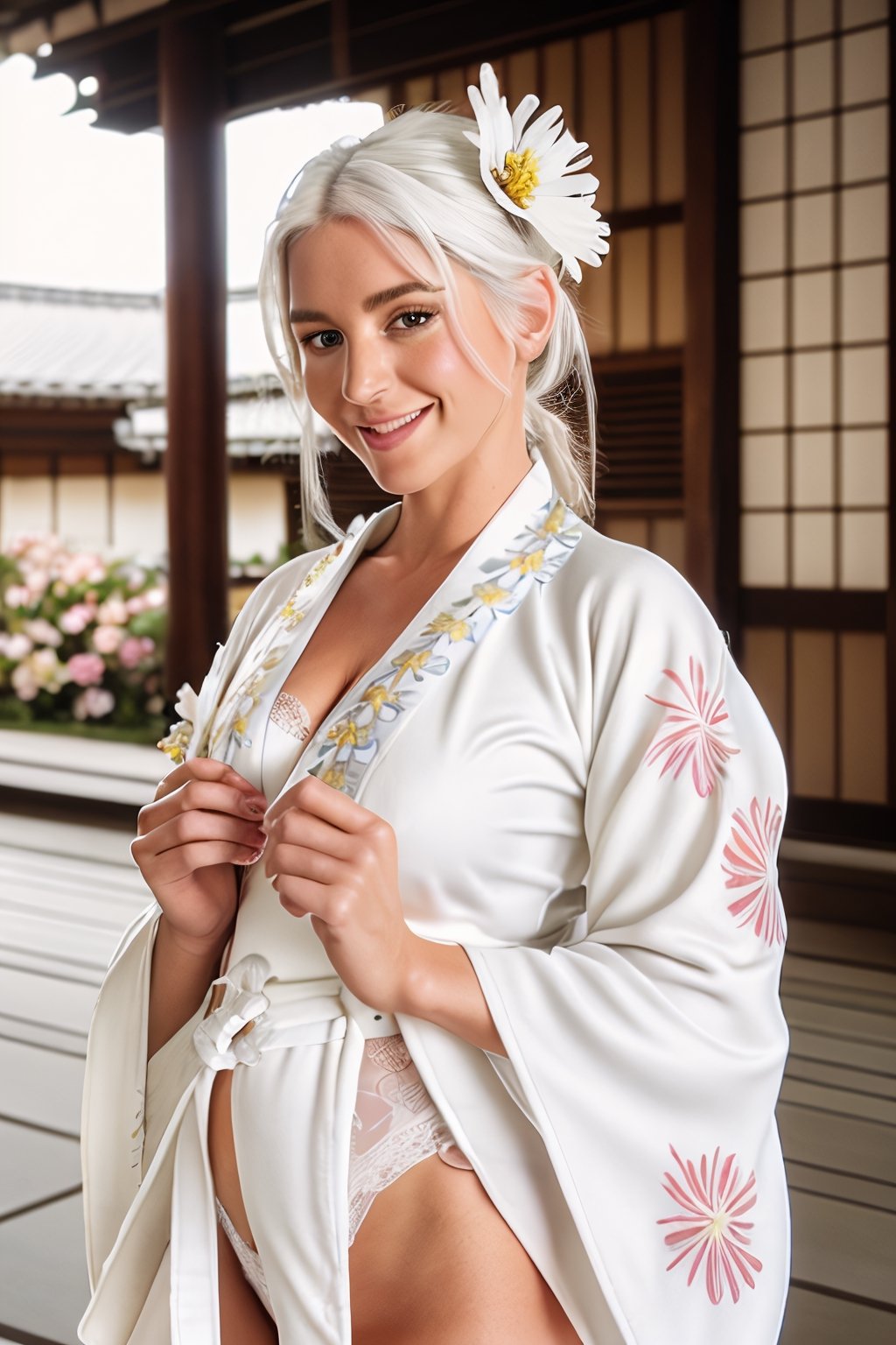 Gorgeous woman, European, smile, busty, white hair, white victorias secret lingerie, (untied) (white kimono with flower pattern :1.5), cowboy_shot, japanese temple background. 