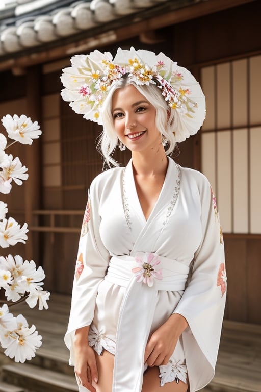 Gorgeous woman, European, smile, busty, white hair, white victorias secret lingerie, (untied) (white kimono with flower pattern :1.5), cowboy_shot, japanese temple background. 