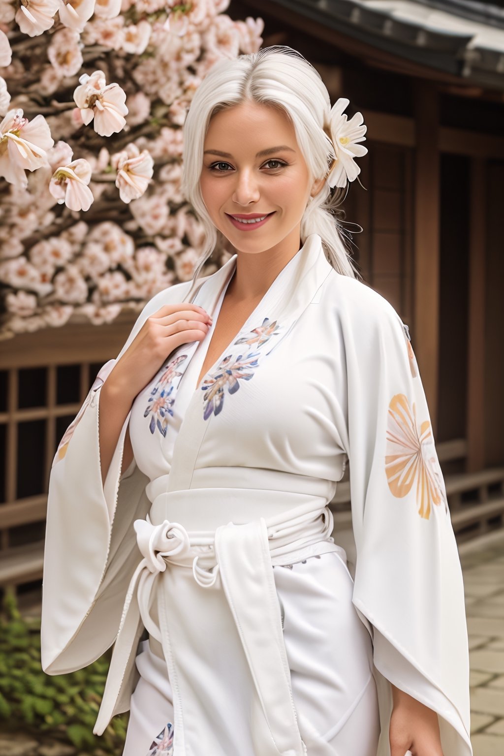 Gorgeous woman, European, smile, busty, white hair, white victorias secret lingerie, (untied) (white kimono with flower pattern :1.5), cowboy_shot, japanese temple background. 