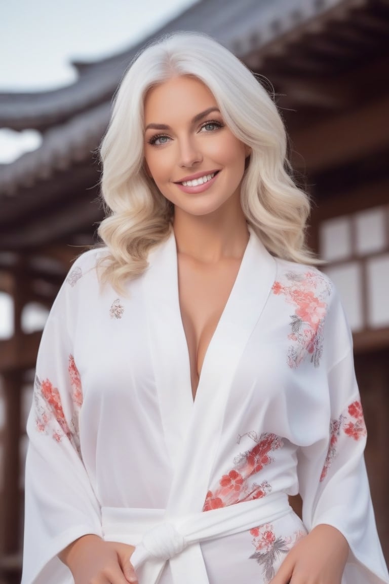 Gorgeous woman, European, smile, busty, white hair, white victorias secret lingerie, (untied) (white kimono with flower pattern :1.5), cowboy_shot, japanese temple background. 