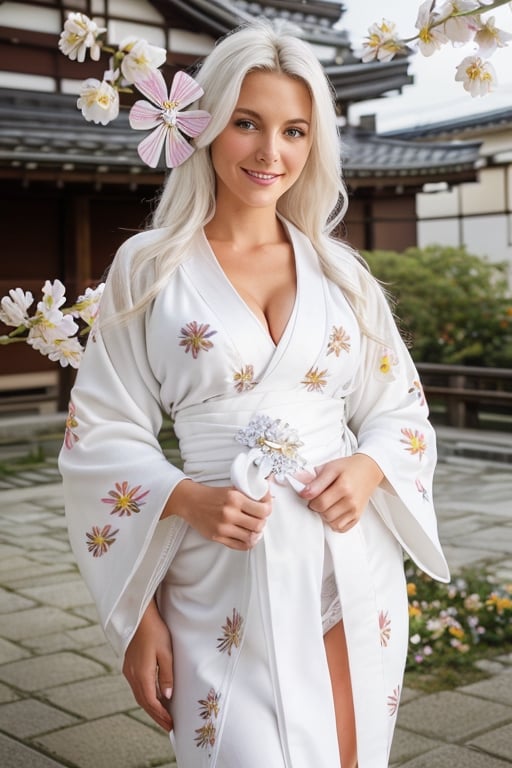 Gorgeous woman, European, smile, busty, white hair, white victorias secret lingerie, (untied) (white kimono with flower pattern :1.5), cowboy_shot, japanese temple background. 