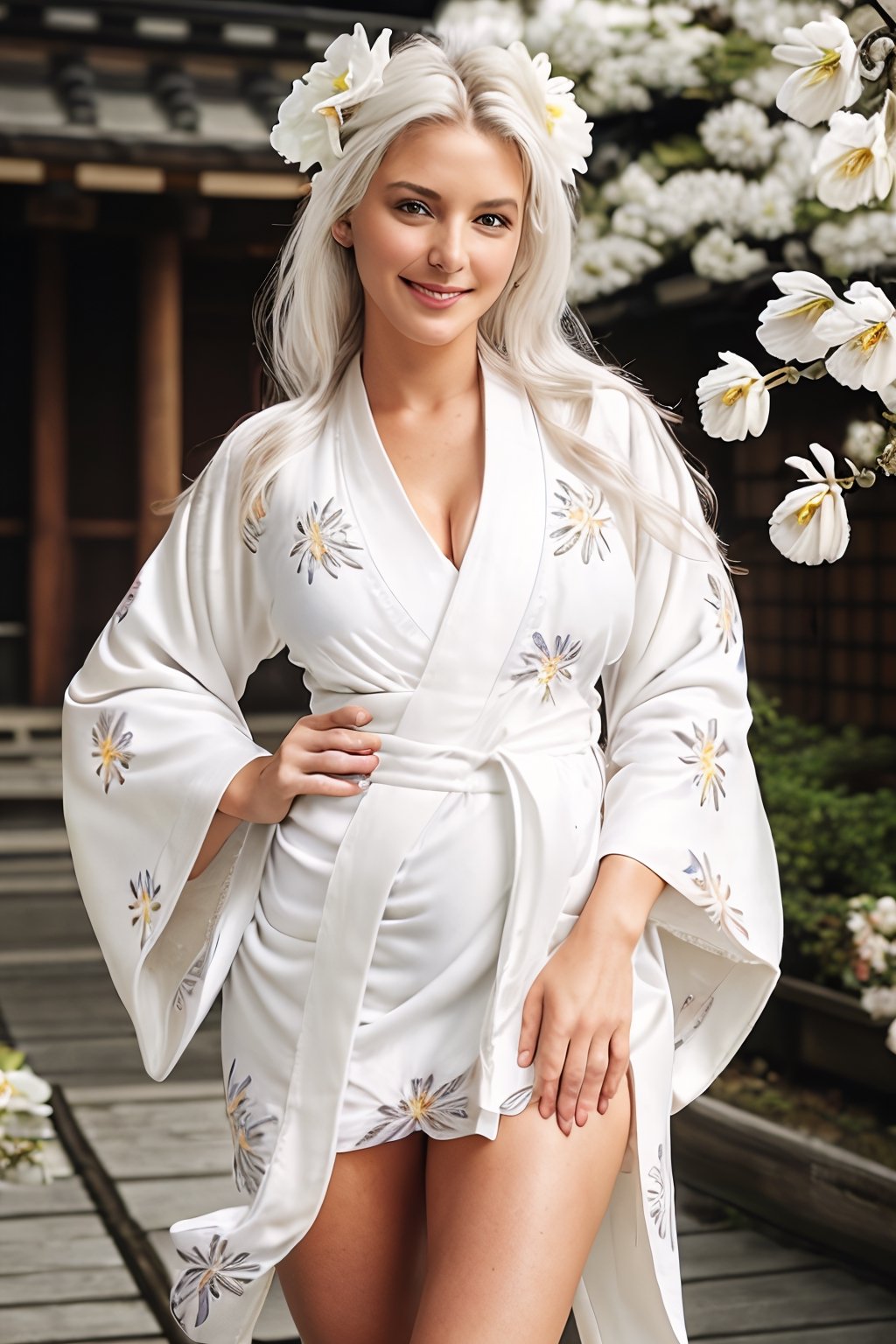 Gorgeous woman, European, smile, busty, white hair, white victorias secret lingerie, (untied) (white kimono with flower pattern :1.5), cowboy_shot, japanese temple background. 