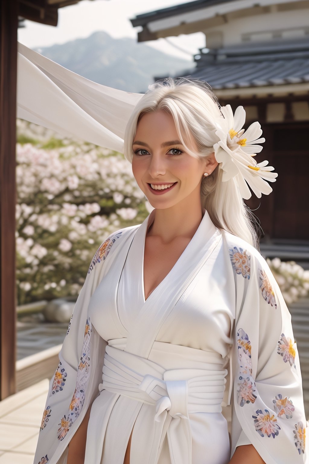 Gorgeous woman, European, smile, busty, white hair, white victorias secret lingerie, (untied) (white kimono with flower pattern :1.5), cowboy_shot, japanese temple background. 