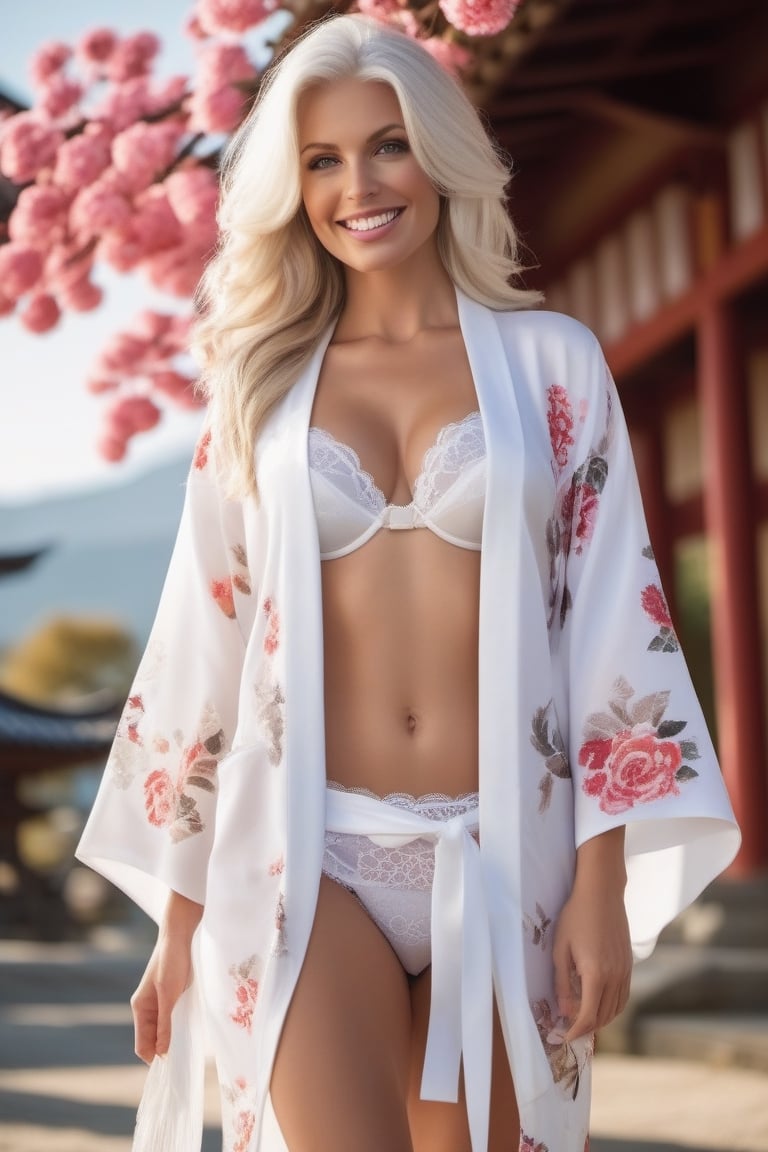 Gorgeous woman, European, smile, busty, white hair, white victorias secret lingerie, (untied) (white kimono with flower pattern :1.5), cowboy_shot, japanese temple background. 