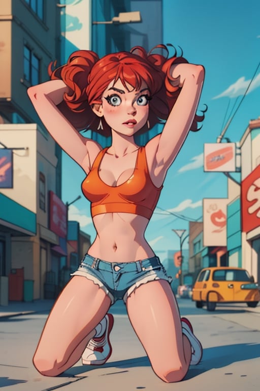 4K UHD illustration,upscaled professional drawing,stunningly beautiful teen girl 19,slim body,small breasts,cleavage,midriff,kneeling on ground,detailed red and white sneakers,skin tight denim shorts,yellow crop_top,arms above head,curly red hair,eyebrows visible through hair,freckles,bright blue anime eyes,looking away from viewer,seductive expression,intricately-detailed cityscape background,masterpiece,finest quality art,fine lines,dynamic lighting,vibrant colours ,veronica,veronica,Kate Beckinsale