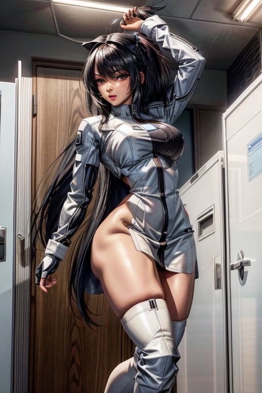 av idol,sole_female,25-yearrs old black woman,slender_figure,medium_breasts,long black hair with bangs in aponytail,wearing a white Fit and flare dress,white knee high boots,standing in a office,high_resolution,bright lights,front of door,fighting pose