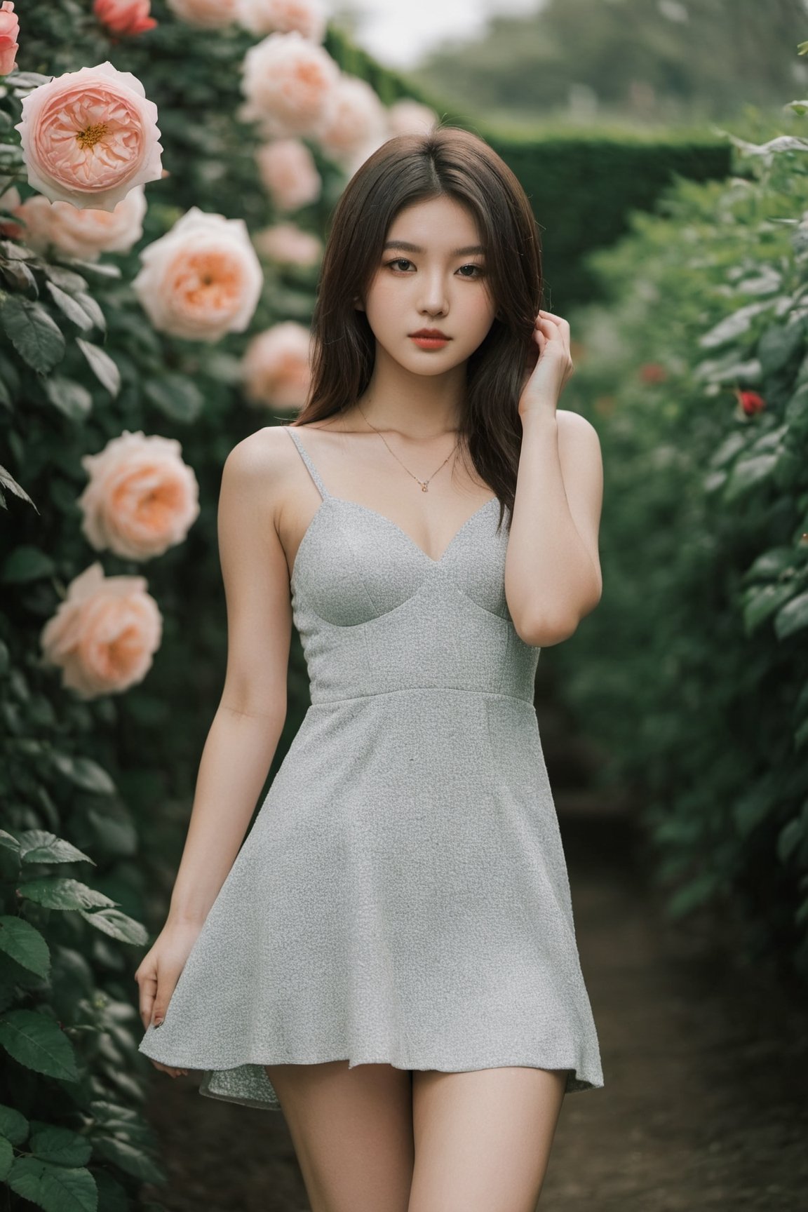 20 years old girl wear tight short dress in the rose garden