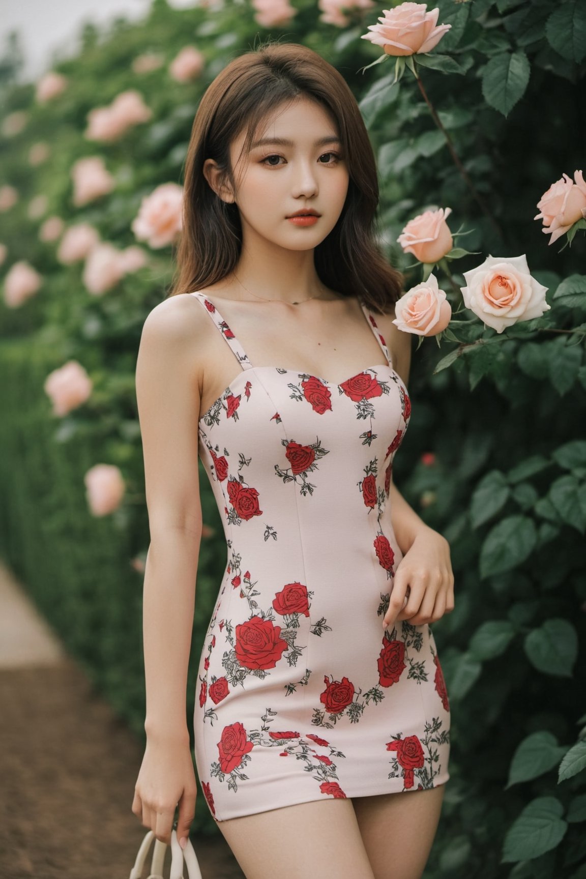 20 years old girl wear tight short dress in the rose garden