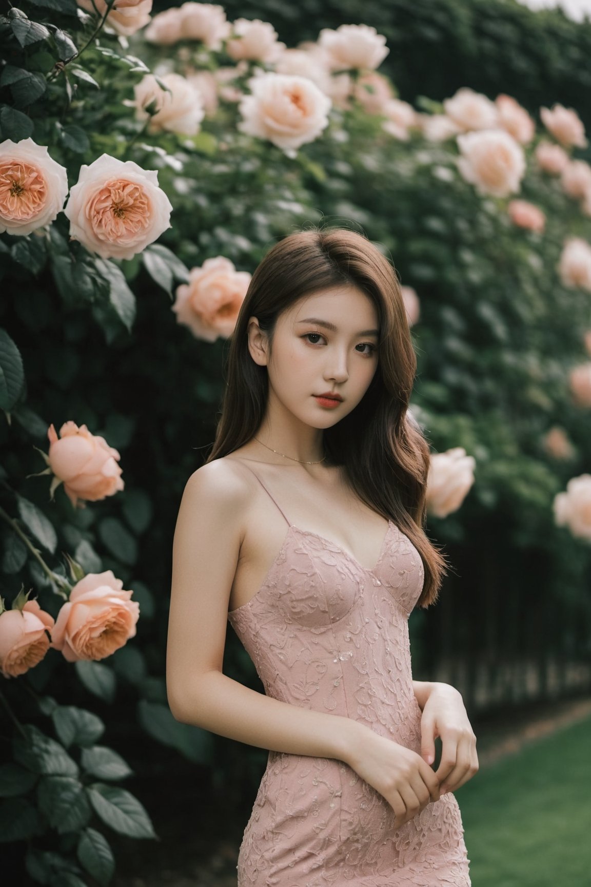 20 years old girl wear tight short dress in the rose garden