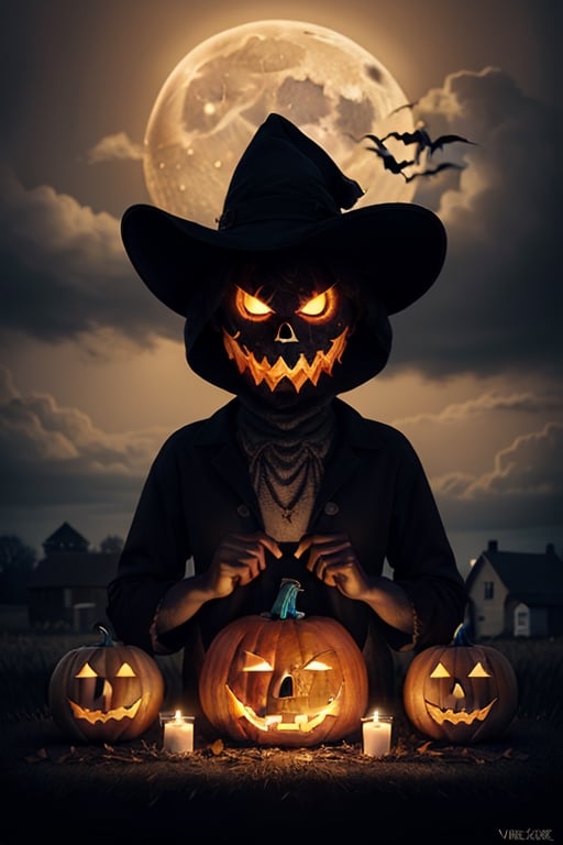 Design a highly detailed, menacing pumpkin-headed scarecrow character for a Halloween-themed poster. Utilize a cel-shading style with a shading level of 1.3 to add depth and contrast. Opt for a color palette that combines fiery oranges and eerie blues, capturing the essence of Halloween night. Ensure that the scarecrow exudes a sinister aura with its malevolent grin and glowing eyes. Place the character in a moonlit cornfield, with a haunted farmhouse in the background and ominous clouds overhead. The artwork should be in vector format with a resolution of 8K Ultra HD to preserve intricate details. Don't forget to specify any additional preferences or elements using the ((parameters)).