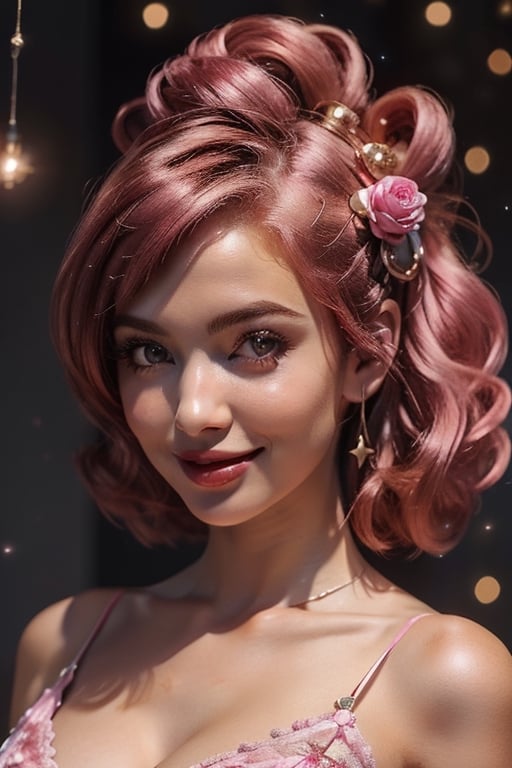 Crie uma representação extravagante de uma jovem com brincalhão, algodão doce-cabelo rosa (pêlos: algodão doce-rosa), Olhos encantadores de ametista (olho: Ametista encantadora), e um sorriso travesso. Ela usa um traje de inspiração vintage, vestido com bolinhas (Vestuário: vestido vintage com bolinhas) e fica no meio de um colorido, Carnaval surreal (ambiente: Carnaval surreal) com um vibrante, céu noturno estrelado sobre a cabeça (A iluminação: Noite estrelada). Esta imagem deve irradiar alegria e capricho, capturando a essência da diversão despreocupada.,mecha