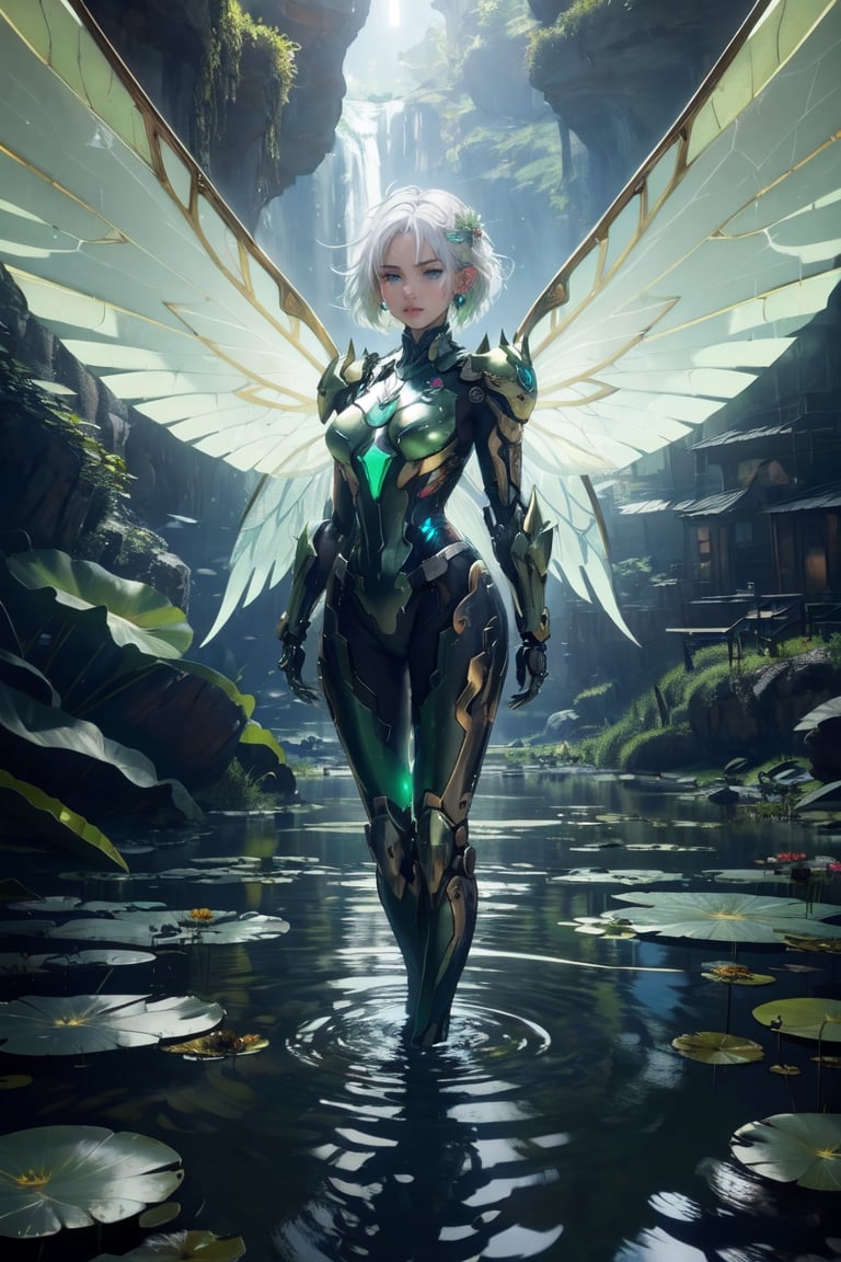 (masterpiece, best quality:1.2),1 woman, solo, short hair, white hair, gold hair, Blue eyes, jewellery, sitting, closed mouth, flower, earrings, wings, artist name, water, armour, lips, bodysuit, glowing, looking away, nose, fairy wings,(( green colour mechanical wings)), standing pose, ((standing on the water)),   lily pad, lotus, spread wings, mecha musume, Masterpiece, colours, 3d octane render, 4k, concept art, trending on artstation, hyperrealistic, Vivid colours, extremely detailed,(front light:1.5)unity 8k wallpaper, trending on ArtStation, trending on CGSociety, Intricate, High Detail, dramatic,(super detailed), (beautiful background, detailed background),
