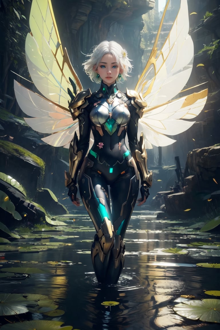 (masterpiece, best quality:1.2),1 woman, solo, short hair, white hair, gold hair, Blue eyes, jewellery, sitting, closed mouth, flower, earrings, wings, artist name, water, armour, lips, bodysuit, glowing, looking away, nose, fairy wings, green colour mechanical wings, standing pose, standing on the water,   lily pad, lotus, spread wings, mecha musume, Masterpiece, colours, 3d octane render, 4k, concept art, trending on artstation, hyperrealistic, Vivid colours, extremely detailed,(front light:1.5)unity 8k wallpaper, trending on ArtStation, trending on CGSociety, Intricate, High Detail, dramatic,(super detailed), (beautiful background, detailed background),