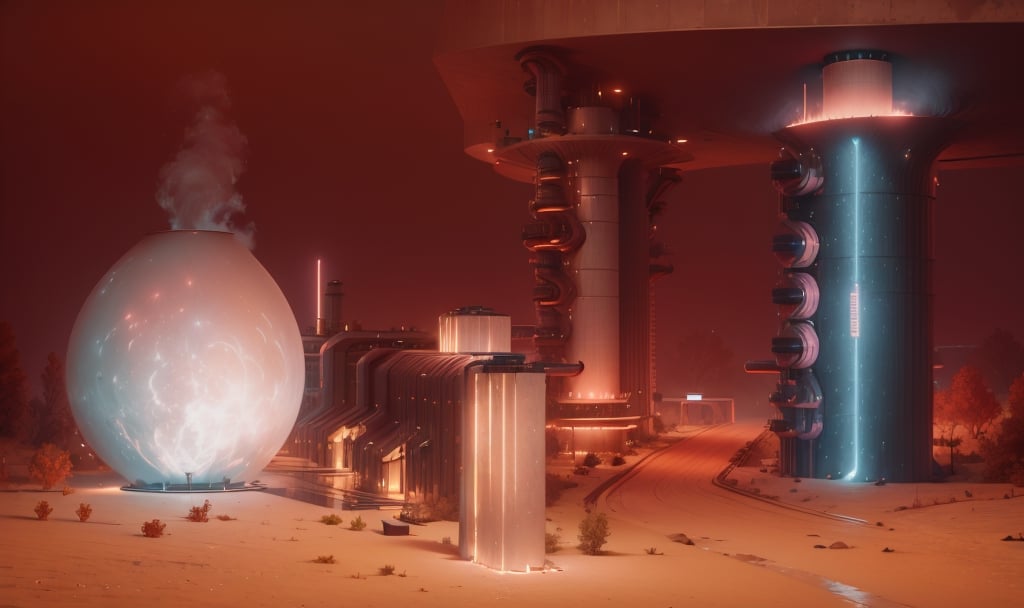 BiophyllTecSci-Fi factory, big generators, huge pipes, Boilers, Analytical Instruments like Monitor display screens, Cooling Towers, biomass to the combustion area, exhaust coming out of pipes for generators, huge Fuel Storage units, Control Rooms, Science fiction, digital_art, high_resolution, 8k,
,no_humans,cinematic,wrench_elven_arch,DonMC3l3st14l3xpl0r3rsXL