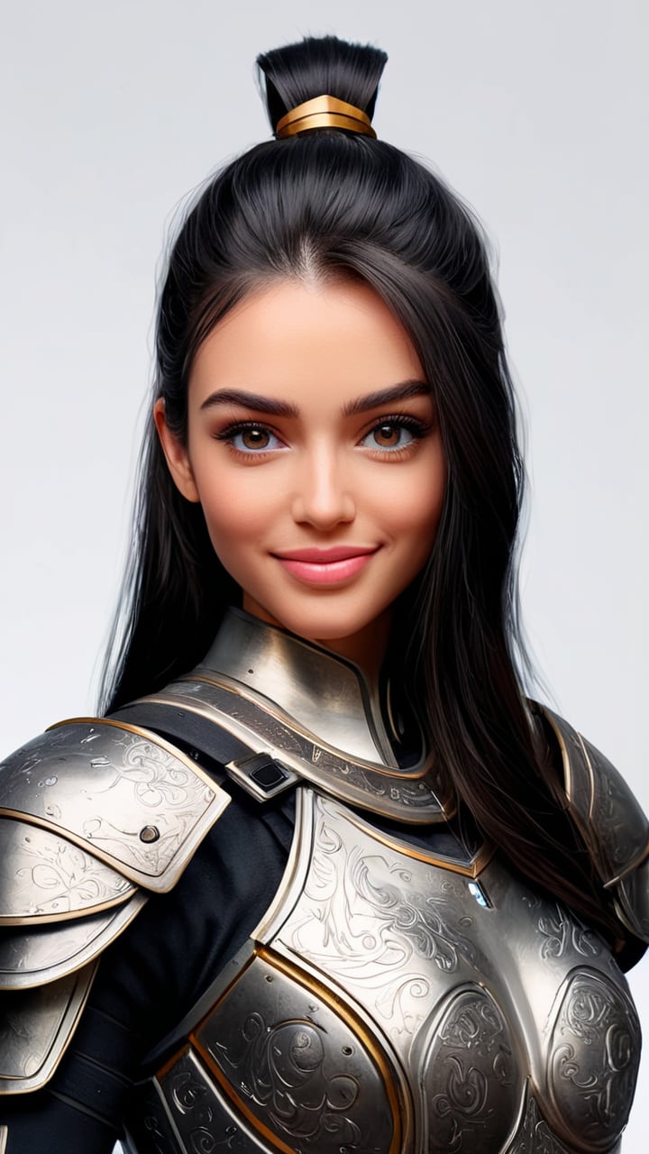 (​masterpiece、top-quality、top-quality、Beautifully Aesthetic:1.2)、(1girl in:1.3), ((((white background)))), beautiful eyes, brush your hair back, black hair, straight hair, hot looking fashion model, hyperdetailed intricately detailed armour  designs, Unreal Engine, magnifica, intricately detailed armour, Complementary colour scheme, Realistic concept art, 8K, ​masterpiece, an oil painting, looking_at_camera, caldari, smiling girl