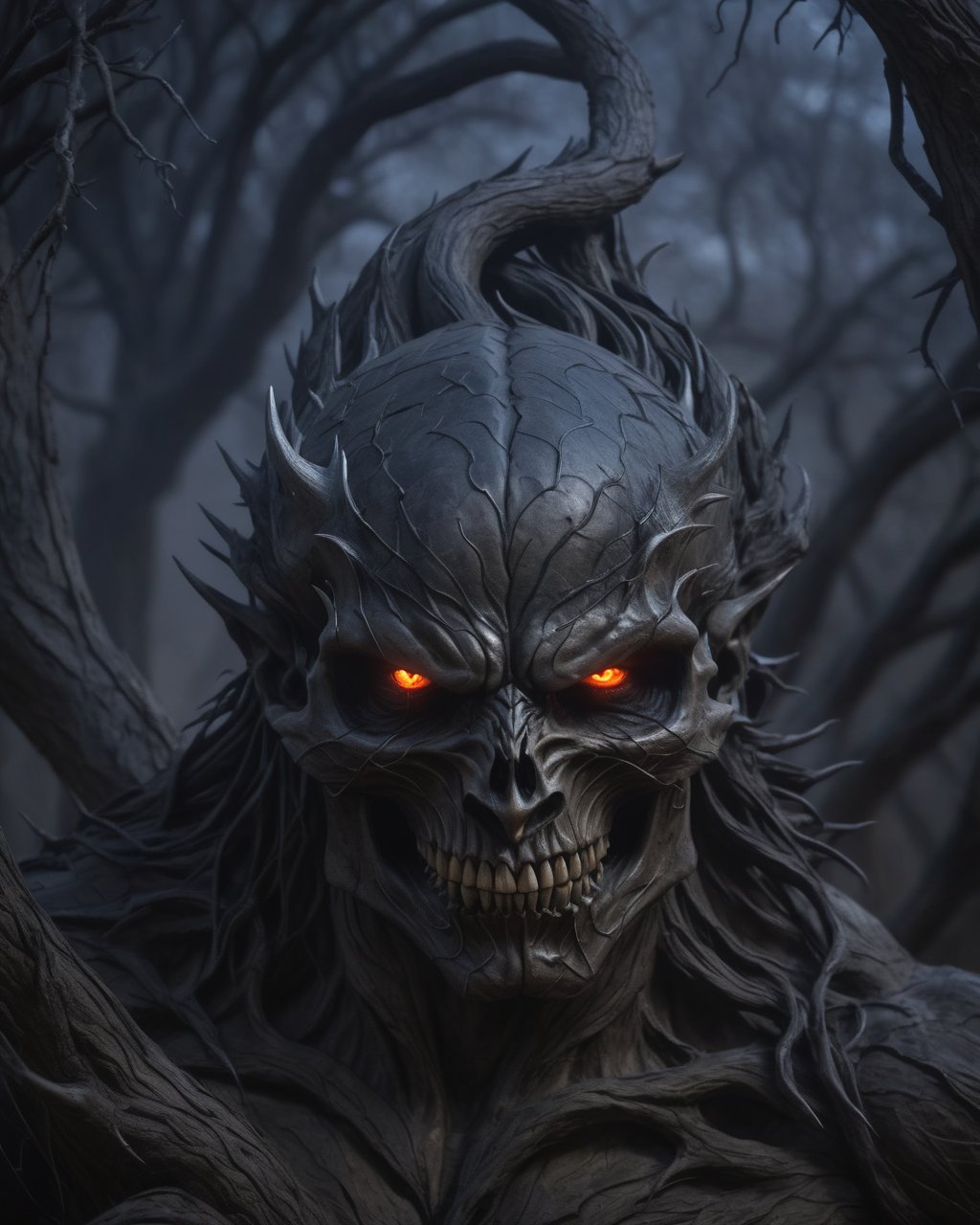 a very muscular demon coming out of a wicked-looking Dry tree, the human skulls are scattered on the ground, dark and evil,demonic,veins, spines, reptile skin