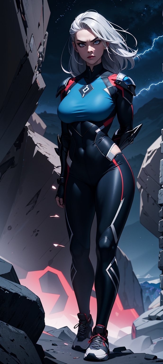 masterpiece,  best quality,  aggressive looking face, big eyes, outdoors, very muscular woman, hands well shown, standing, super-villain style, full metal body armor, leggings, Dramatic lighting, Night time, red Thunderstorm, Rugged and rocky terrain background, blue eyes, silver hair, High detailed full body, Head to feet