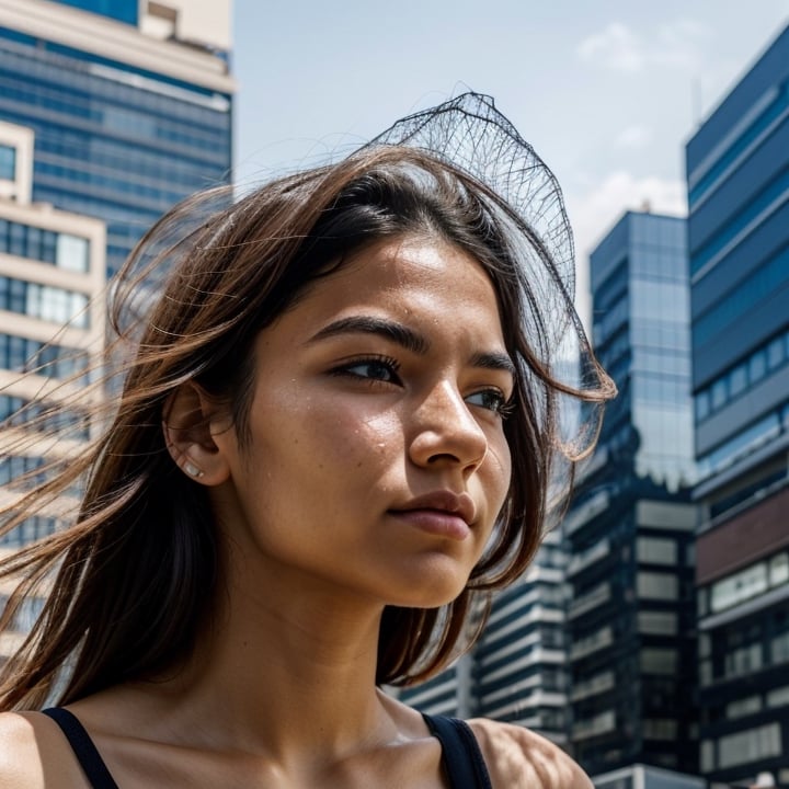  A woman's face emerges from a tangled web of urban architecture. Skyscrapers and buildings morph into her skin,  cityscapes are used to present a face of a woman 