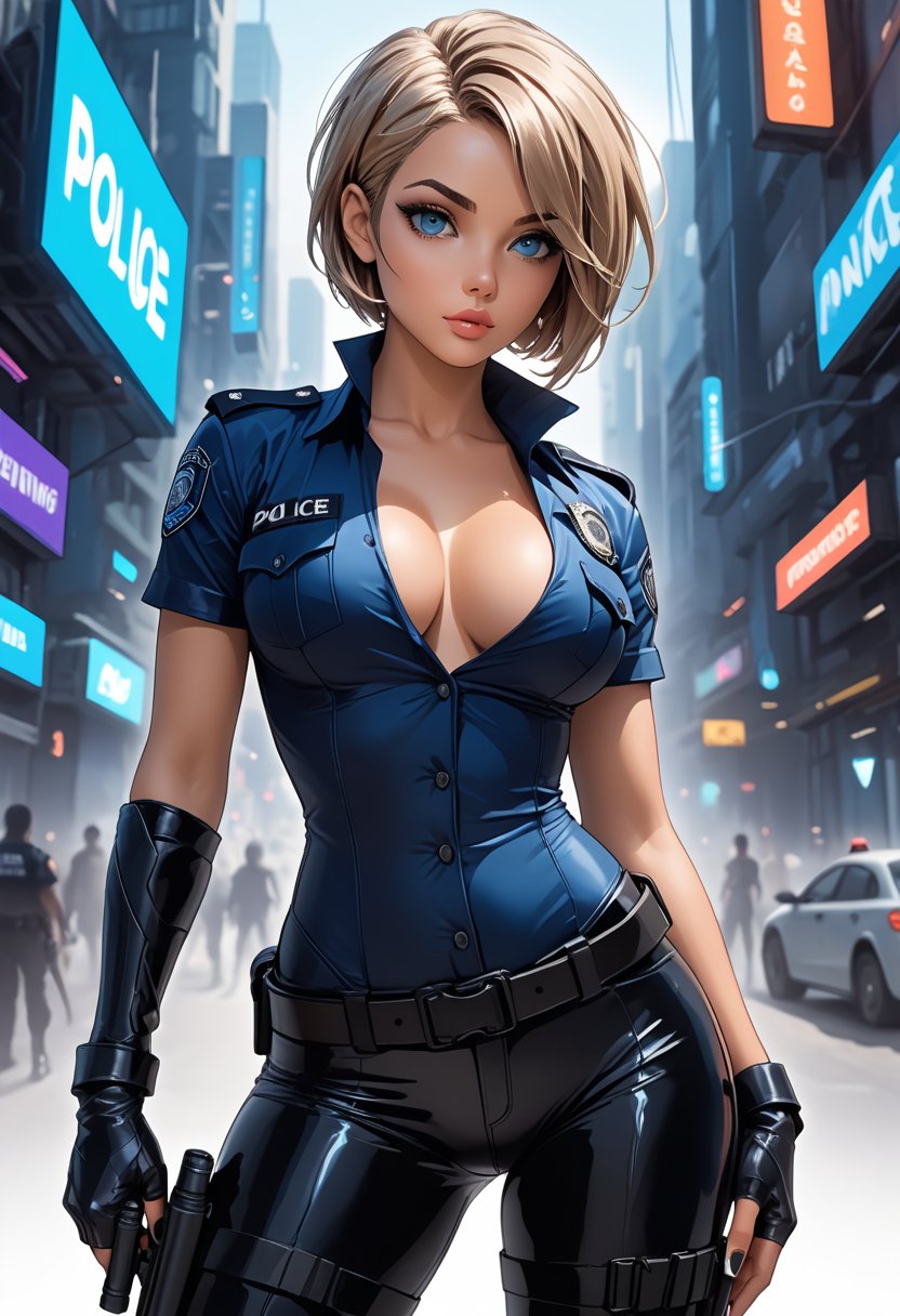 very beautiful:: sexy police girl in police uniform, cute face, big eyes:: detailed eyes, beautiful lips, glossy lips, hourglass body, cyberpunk elements, normal breasts,  cleavage, skin-tight lather pants, knee-high pointed boots. (very short hair), cyberpunk, elegant standing pose, perfect hands and fingers, perfect eyes, perfect body, HD quality, highly detailed, high-tech details, cosmic illustration mixed media by Pablo Amaringo  ethereal fantasy hyperdetailed:: clean bold Line Drawing, ink art, comic style shading, cross-hatching style:: white background,lineart,LineAniAF,short blue dress,hud_plce_wmn,short sleeves