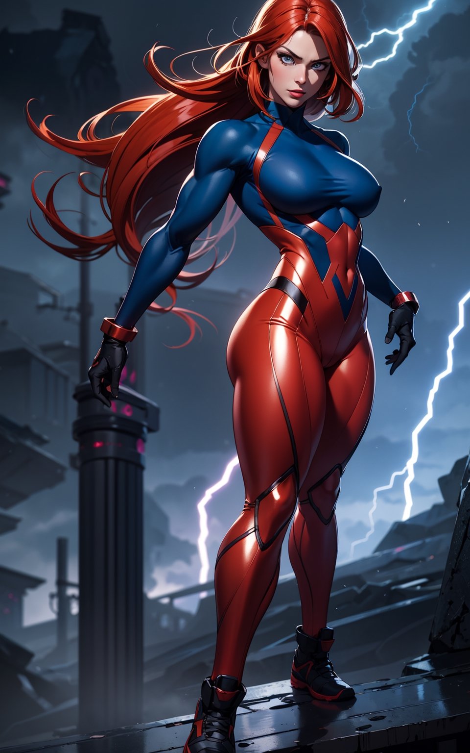 masterpiece,  best quality,  Very muscular woman
outdoors,  A very muscular woman, hands well shown,  standing, super-villain style, leggings, Dramatic lighting, Night time, Thunderstorm background, blue eyes, copper hair, High detailed full body, Head to feet