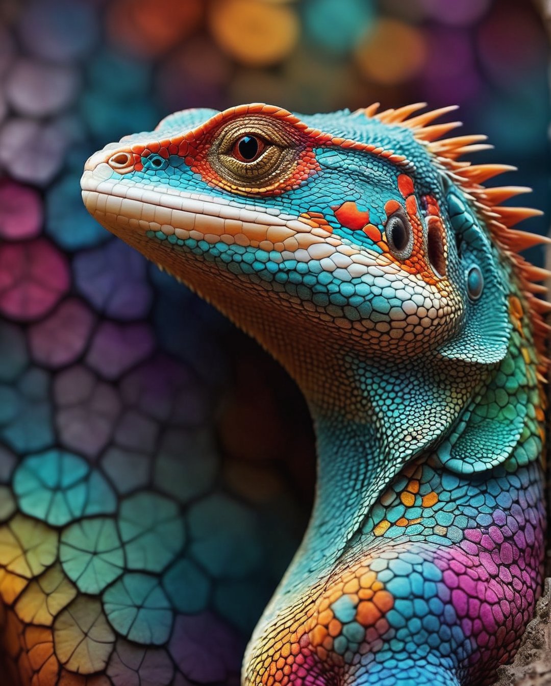 Create a unique and vibrant design featuring a lizard with intricate fractal symmetrical patterns painted on its skin. The patterns should use bright and attractive colours, creating a stunning and eye-catching appearance. The lizard should be posed in various interesting positions to highlight the detailed and colourful fractal designs. The background should be out of focus, BrokenIR