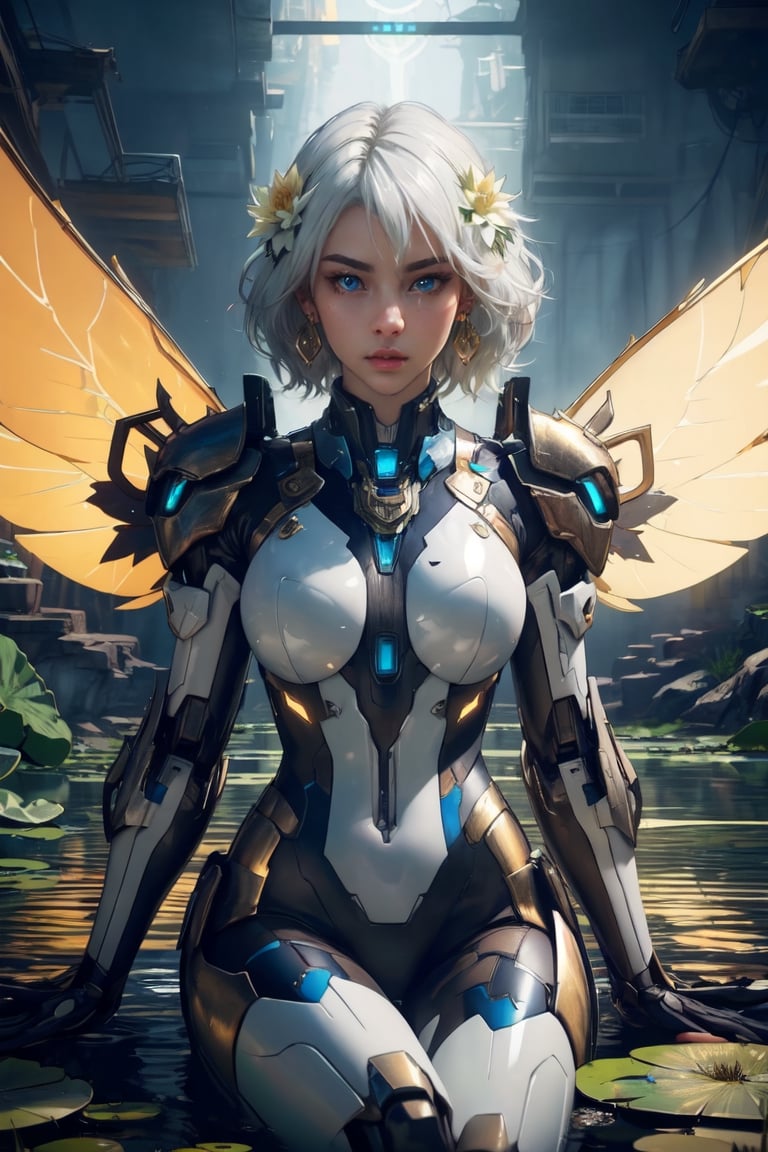 (masterpiece, best quality:1.2),1 woman, solo, short hair, white hair, gold hair, Blue eyes, jewellery, sitting, closed mouth, flower, earrings, wings, artist name, water, armour, lips, bodysuit, glowing, looking away, nose, fairy wings, mechanical wings, standing pose,  lily pad, lotus, spread wings, mecha musume, Masterpiece, colours, 3d octane render, 4k, concept art, trending on artstation, hyperrealistic, Vivid colours, extremely detailed,(front light:1.5)unity 8k wallpaper, trending on ArtStation, trending on CGSociety, Intricate, High Detail, dramatic,(super detailed), (beautiful background, detailed background),