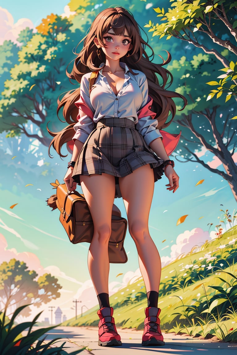 1 Girl,  full body,  curvy body,  high quality,  masterpiece,  ultra-high resolution,  looking at viewers,  real skin textures,  realistic eyes and face details,  cleavage,  breasts,  soft makeup,  long gray hair,  straight hair,  light brown eyes,  short skirt,  nature background,  plaid skirts,  red tight short T-shirt,  bangs,  detailed eyes,  perfect hands,  perfect feet,  hdr,  4k,  8k,  ultra HD, CryingBlood, 
